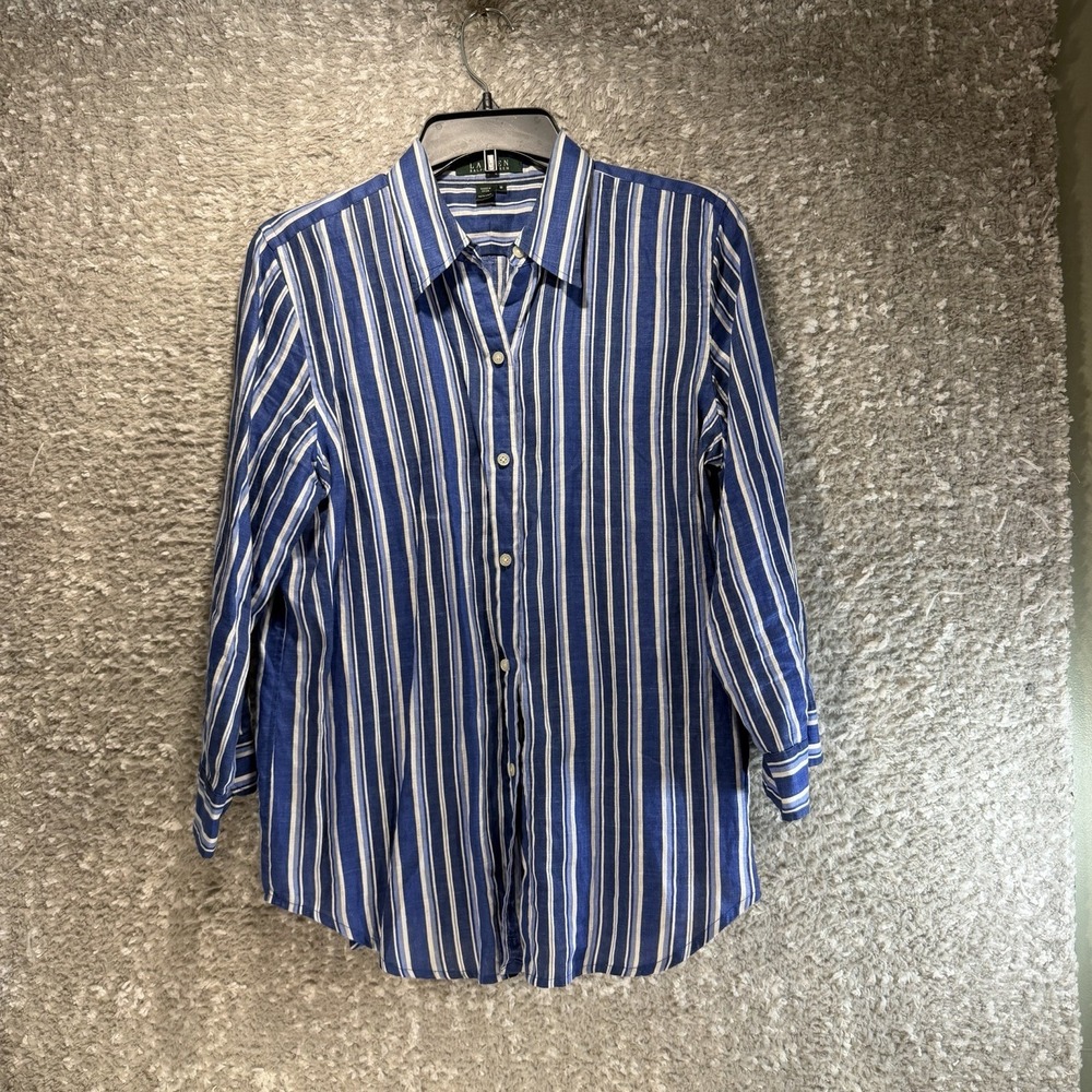 Lauren Ralph Lauren Linen Button Up 3/4 Sleeve Striped Shirt M Preppy Coastal